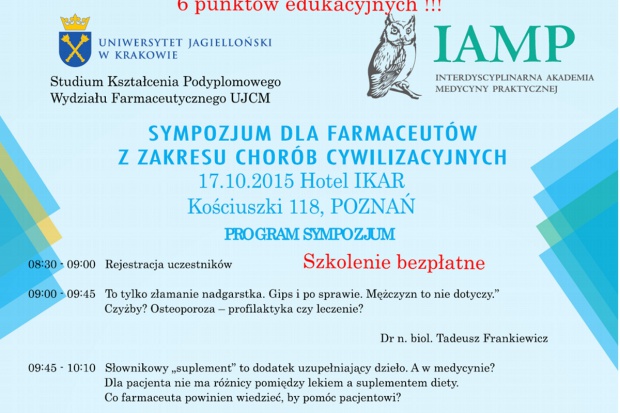 6 punktów edukacyjnych dla farmaceutów Sympozjum w Poznaniu: 4 pkt. i 2 miękkie dla farmaceutów
