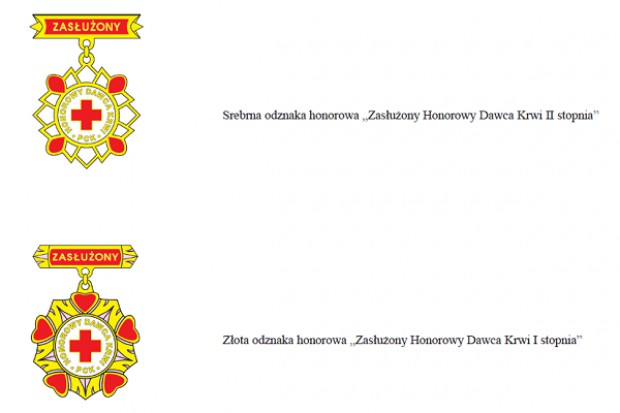 W rozporządzeniu zawarto załączniki ze wzorami odznak i legitymacji wydawanych w związku z honorowym dawstwem krwi (fot. Dziennik Ustaw) Nowe wzory odznak honorowych dawców krwi