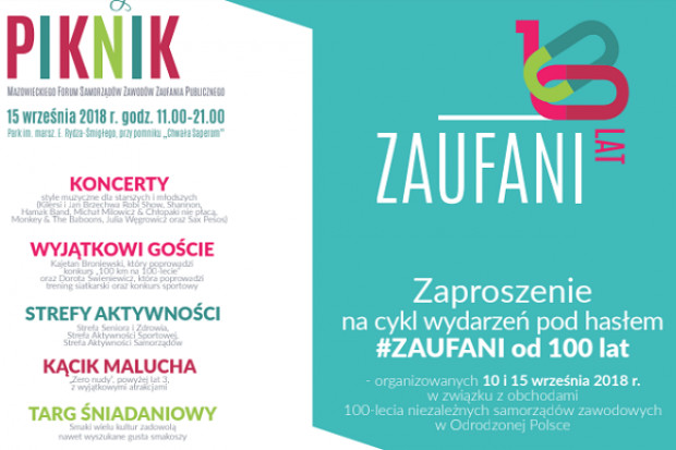 15 września 2018 r. w godzinach 11:00 – 21:00 odbędzie się IX Piknik Rodzinny Mazowieckiego Forum Zawodów Zaufania Publicznego (fot. archiwum) Zaufani100lat - w gronie zaufanych są też farmaceuci