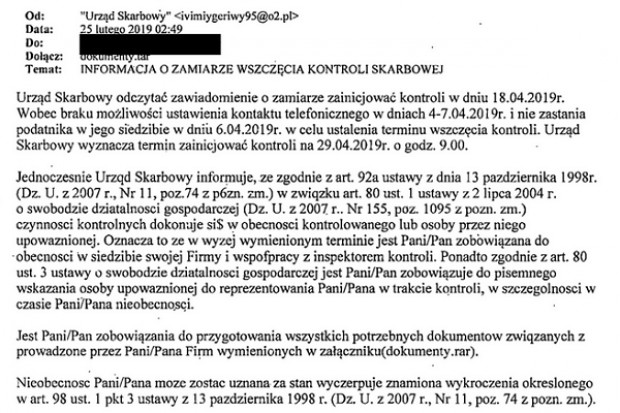Urzędy skarbowe nie wysyłają e-maili informujących o kontroli skarbowej (fot. archiwum) Uwaga na te komunikaty. Załączniki zawierają wirusa
