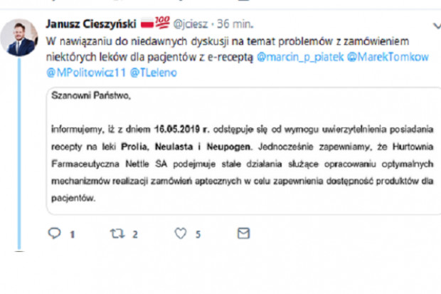 Po dyskusji na Twitterze wiceminister zdrowia, Janusz Cieszyński zaprezentował fragment pisma (fot. TT) Koniec z ograniczaniem aptekom dostępu do leków?