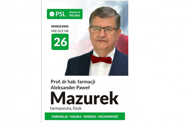 Prof. dr hab. farmacji Aleksander Mazurek, farmaceuta i fizyk, absolwent wydziału farmaceutycznego WUM i wydziału fizyki UW (fot. wybory PSL) "W Parlamencie chce zajmować się m.in. prawem farmaceutycznym"