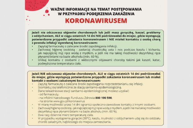 Jak informuje Dolnośląska Izba Aptekarska, w poniedziałek 2 marca 2020 roku wydrukowane plakaty dostępne będą w biurze DIA (fot. archiwum) Plakaty, jak postępować w przypadku podejrzenia koronawirusa