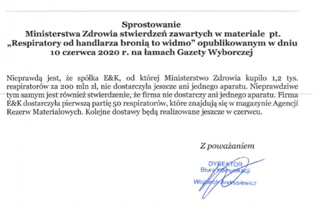 Żądanie sprostostowania od resortu zdrowia (fot. MZ) Kolejny tekst GW o działaniach MZ i kolejne żądanie sprostowania