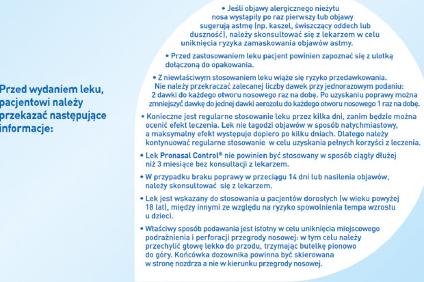 Przewodnik dla farmaceuty został opracowany w celu podkreślenia ryzyk związanych ze stosowaniem leku oraz wskazania jak poprzez komunikacje farmaceutów z pacjentami zminimalizować prawdopodobieństwo ich wystąpienia (fot. printscreen) Przewodnik dla farmaceuty dotyczący Pronasalu Control