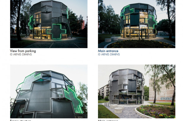 Rama montażowa elewacji łotewskiej apteki wykorzystuje tradycyjny symbol apteki - krzyż. Fot. miesarch.com Apteka w Rydze nominowana do słynnej nagrody architektonicznej